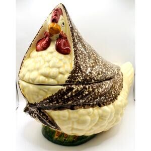 Rooster / Chicken in Brown Shawl Soup Tureen w/Ladle Vintage 1950s